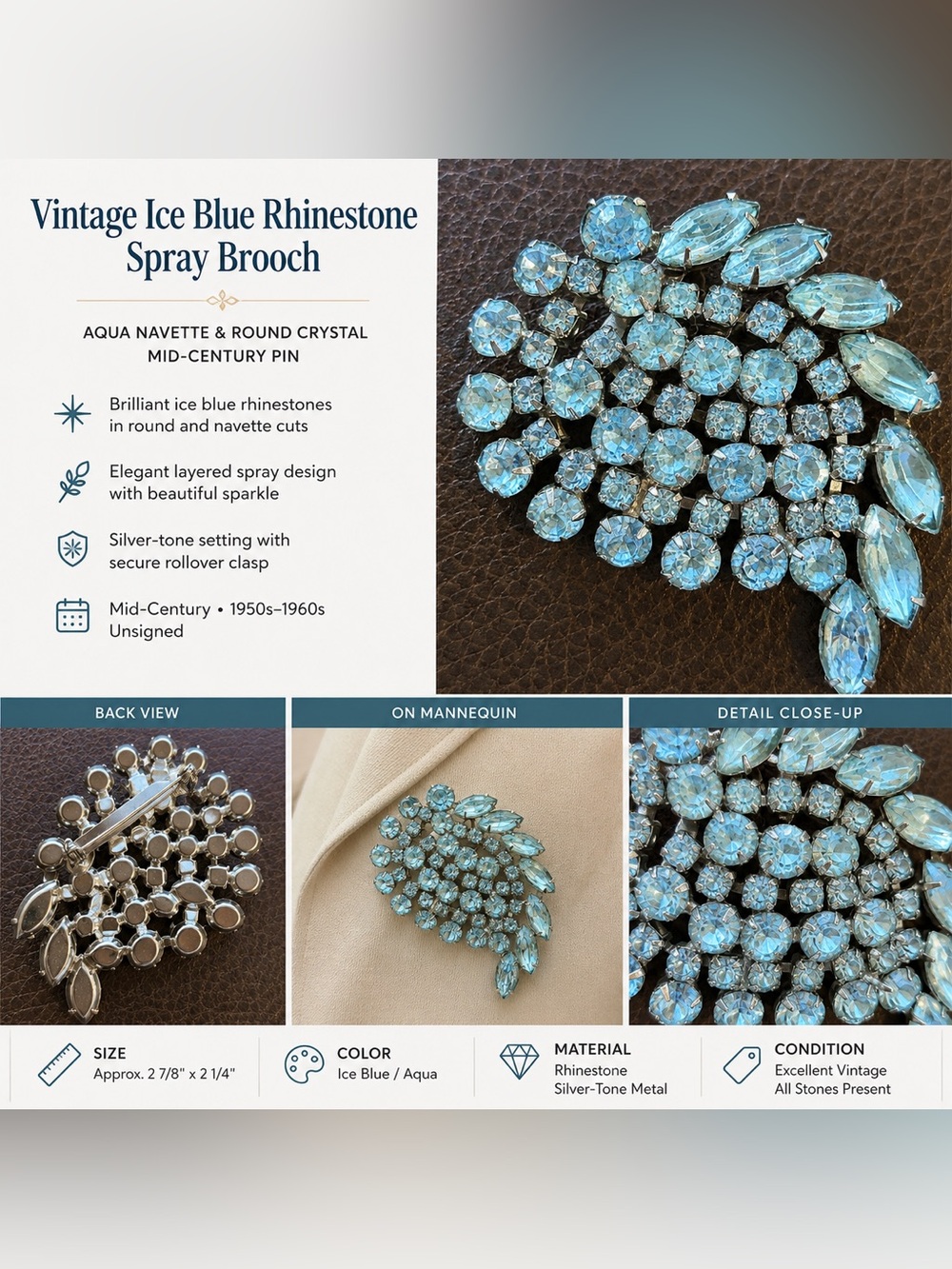Vintage Ice Blue Rhinestone Spray Brooch